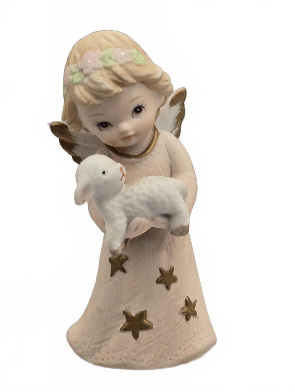 Lefton 1987 Angel with Lamb Porcelain Nativity Figurine Cream Gold Matte 4in